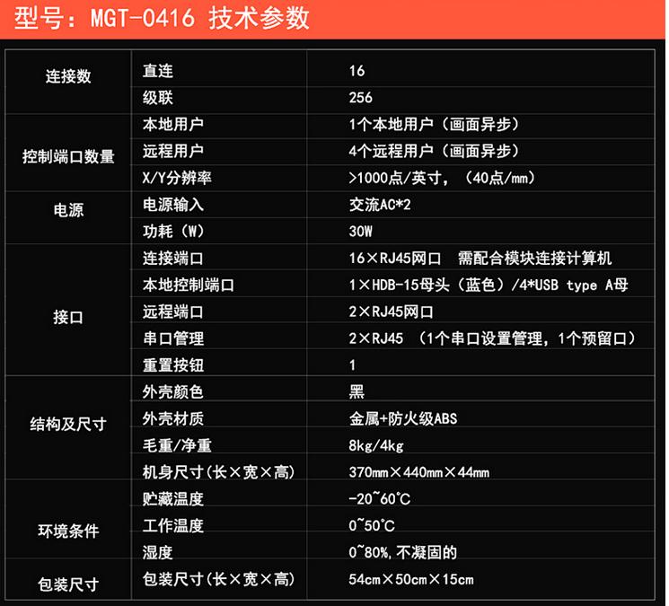 MGT-0416一本地4遠(yuǎn)程16口矩陣式kvm交換機技術(shù)參數(shù)